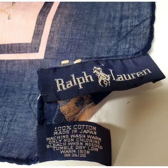 VTG Ralph Lauren Scarf Cotton Golf Clubs Bordered Pink/ Navy Printed 1980s Label - Picture 8 of 9